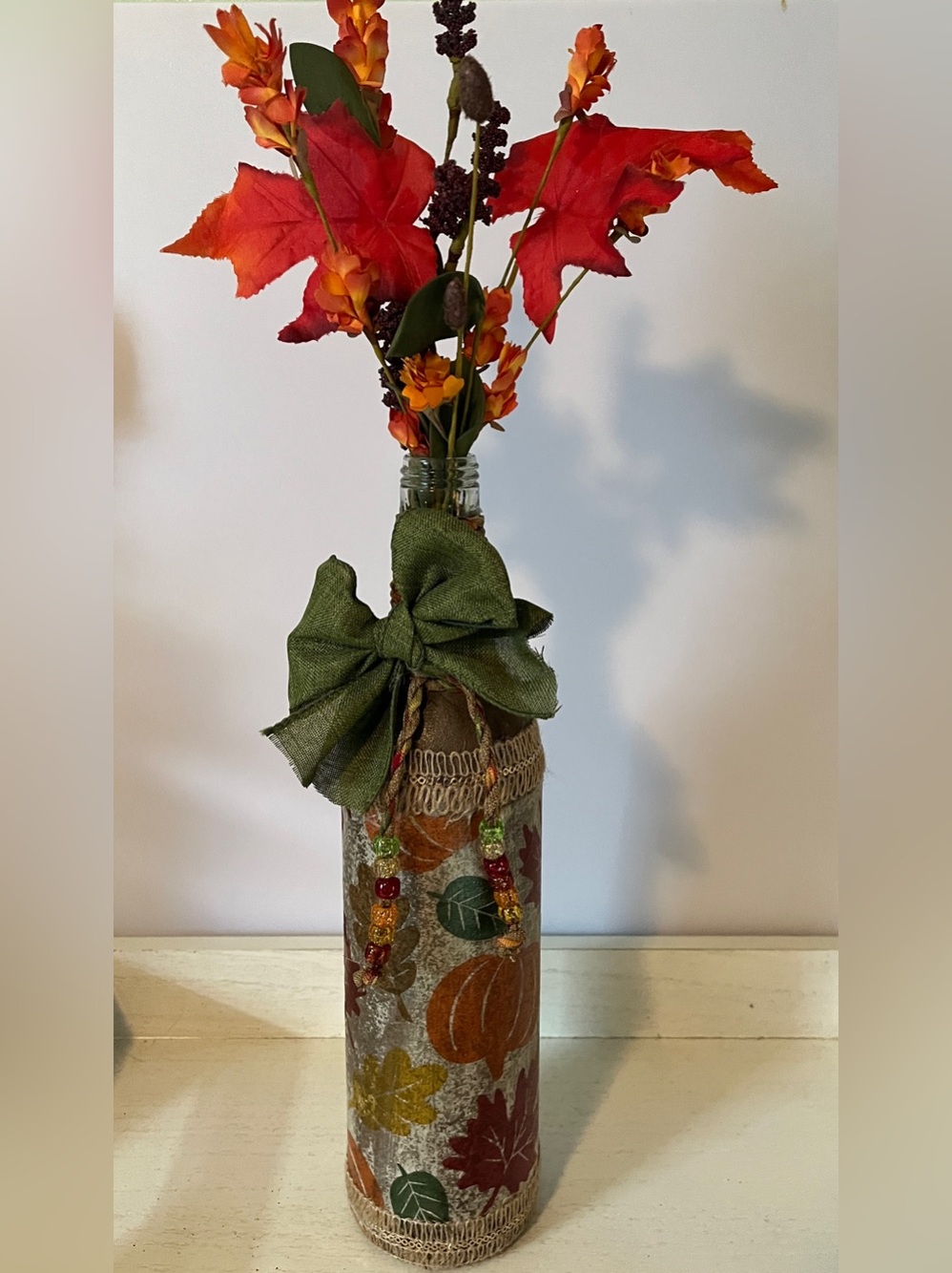 Autumn Pumpkin Bottle Vase with Green Bow